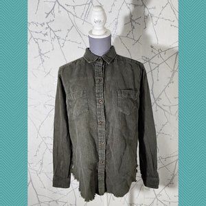 Storia Army Green Cotton Distressed Raw Hem Utility Shirt